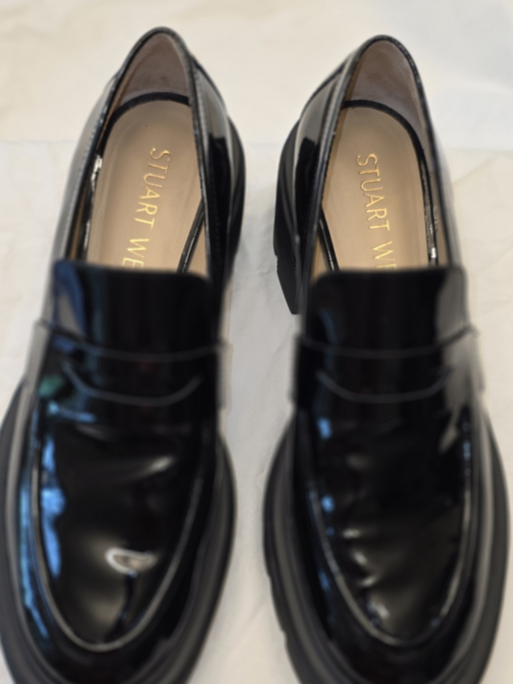 Stuart Weitzman Glossy Black Patent Leather Penny Loafers